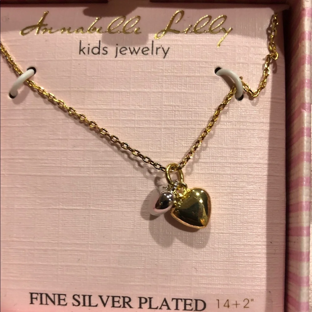 Fine silver plated silver and gold puffy heart pendant 14”‎ kids necklace new